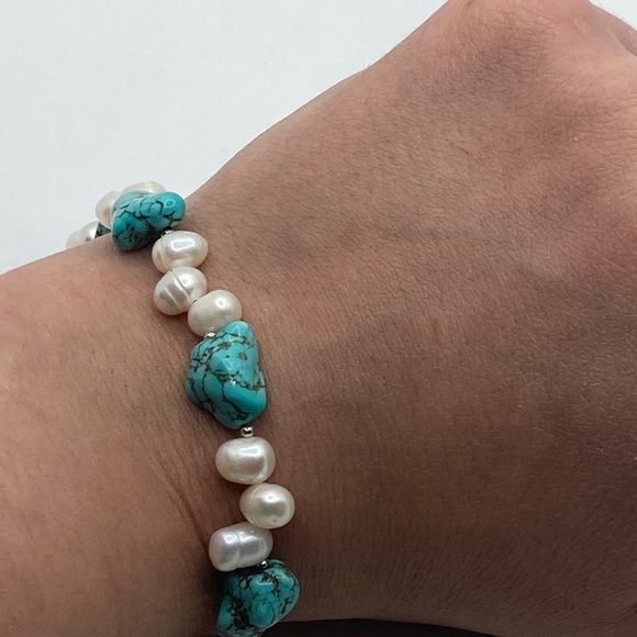 Vtg Sterling Pearl & Turquoise Chunk Beaded Bracelet 8.3” - Picture 3 of 5